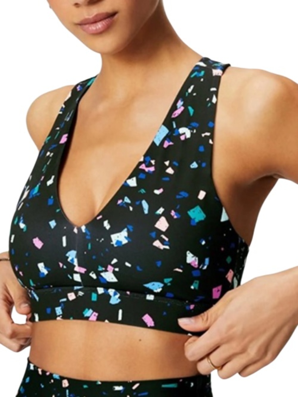 Retro 80’s Black Confetti-Print V-Neck Sports Bra. Structured. Size M. Open back